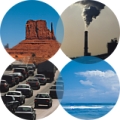 photo collage - canyon, smokestack, traffic, ocean=