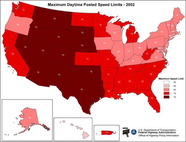 US Map showing speed limits in 2002. Click on map for detailed information.