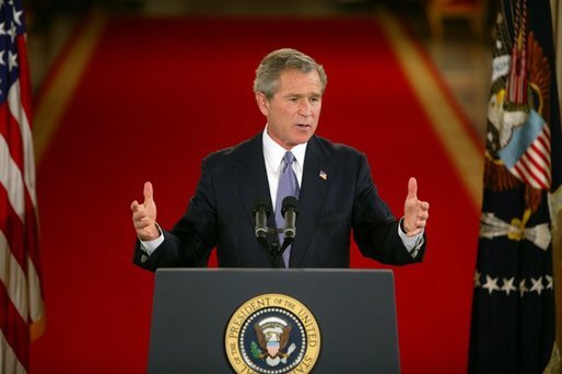 President George W. Bush responds to questions during a prime time press conference in the East Room of the White House on April 13, 2004. White House photo by Paul Morse.