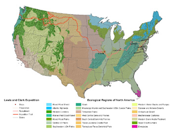 lewis and clark trail map over ecological regions of the u.s.