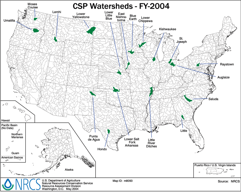 Map showing the Conservation Security Program FY-2004 watershed project areas.