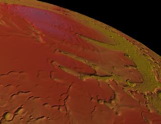 A close view of the topography of the south pole of Mars shown colored by elevation