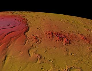 The surface topography of the south pole of Mars shown colored by elevation