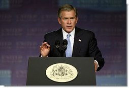 President George W. Bush speaks about Iraq and the war on terror at The Banqueting House in London Wednesday, Nov. 19, 2003. "We did not charge hundreds of miles into the heart of Iraq and pay a bitter cost of casualties, and liberate 25 million people, only to retreat before a band of thugs and assassins," said the President. "We will help the Iraqi people establish a peaceful and democratic country in the heart of the Middle East. And by doing so, we will defend our people from danger." White House photo by Paul Morse.