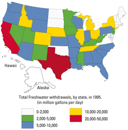 Total Freshwater withdrawals, by state, in 1995 (in million gallons per day).