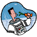 Cartoon: An astronaut in his spacecraft unsuccessfully tries to eat food that he's squeezing from a tube; bits of food floats here and there 