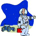 Cartoon: Marooned on a planet and holding a gas can, an unhappy astronaut hitchhikes; behind him is his broken-down surface rover vehicle