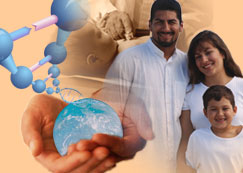 imagen de un médico con un bebé, una familia, una cadena de adn saliendo de un globo posado en un par de manos