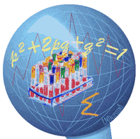 image of sphere containing graphs, test tubes, and formulas