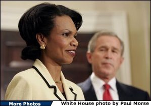 National Security Advisor Condoleezza Rice addresses the media during President George W. Bush's announcement to nominate Dr. Rice as Secretary of State in the Roosevelt Room Tuesday, Nov. 16, 2004. White House photo by Paul Morse.