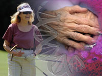 middle age woman golfing, dna strand, older hands crossed, blood detail