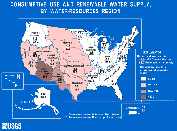 Map of consumptive use and renewable water supply by major river basin