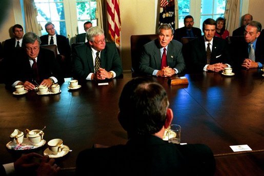 President George W. Bush discusses the progress of Medicare modernization legislation with members of Congress in the Cabinet Room Thursday, Sept. 25, 2003. Pictured sitting next to the President are, from left: Rep. Bill Thomas, R-Calif.; Speaker Dennis Hastert, R-Ill.; Sen. Bill Frist, R-Tenn.; and Sen. Charles Grassley, R-Iowa. White House photo by Tina Hager.