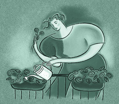 image of a woman watering flowers