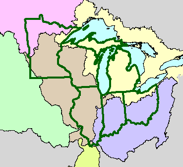 Map showing the  Great Lakes, Upper Mississippi River, Ohio River, Missouri River, and Red River Basins and the political boundaries of the States of Illinois, Indiana, Michigan, Minnesota, Ohio, and Wisconsin.