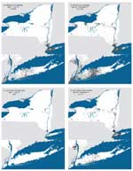 Figure 2. Maps of ill or dead crow sightings (a,b) and West Nile virus-positive dead birds of any species (c,d), New York State, 2000.
