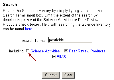 picture of search page with criteria record type Science Activities deselected