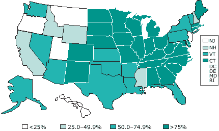 U.S. Map showing People on Fluoridated Water Systems, 2000. Click below for text description.
