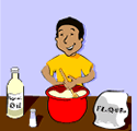 Illustration of child making dough in a bowl
