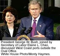 President George W. Bush, joined by Secretary of Labor Elaine L. Chao Tuesday, discussed West Coast ports outside the Oval Office.