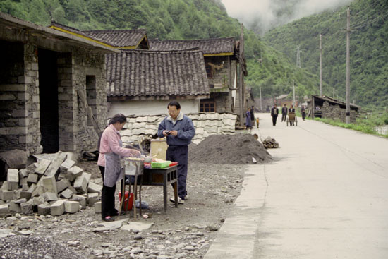 Researcher and merchant at a roadside stand