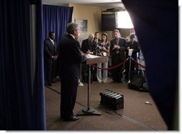 President George W. Bush makes a statement to the press during a stop in Waterford, Michigan on Wednesday July 7, 2004. The President was in Michigan to meet with pending Michigan based judicial nominees. White House photo by Paul Morse.