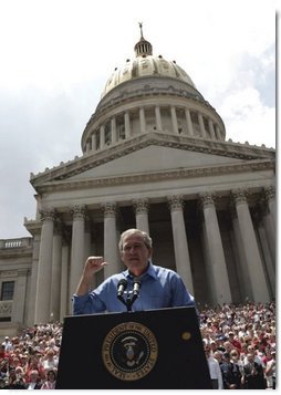 President George W. Bush delivers remarks at the Fourth of July Celebration on the steps of the Capitol in Charleston, West Virginia on Independence Day, 2004. White House photo by Tina Hager.