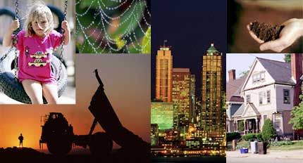 photo collage showing girl on tire swing; spider web; dump truck at landfill; nighttime city skyline; hand with compost; and suburban home with recycling at curbside