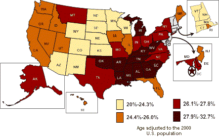 Map of United States showing Percent of persons who were ever told they had high blood pressure, Adults aged 20 years and older, 2001.