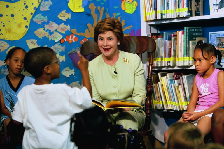 Laura Bush answers questions from an excited listener during her reading of "Book, Book, Book" at the Chattanooga-Hamilton Bicentennial Library in Chattanooga, Tenn. on June 12, 2003. White House photo by Susan Sterner.