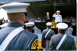 Vice President Dick Cheney stands for the National Anthem at the U. S. Military Academy Commencement Ceremony in West Point, N.Y., May 31, 2003. White House photo by David Bohrer.