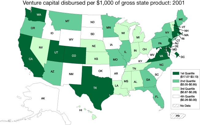 Venture capital disbursed per $1,000 of gross state product: 2001
