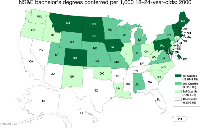 NS&E bachelor's degrees conferred per 1,000 18- to 24-year-olds: 2000