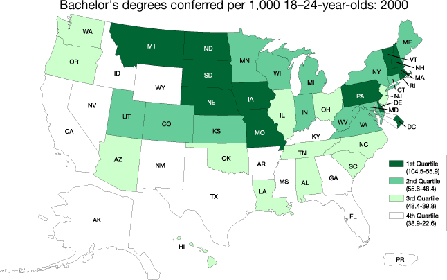 Bachelor's degrees conferred per 1,000 18- to 24-year-olds: 2000