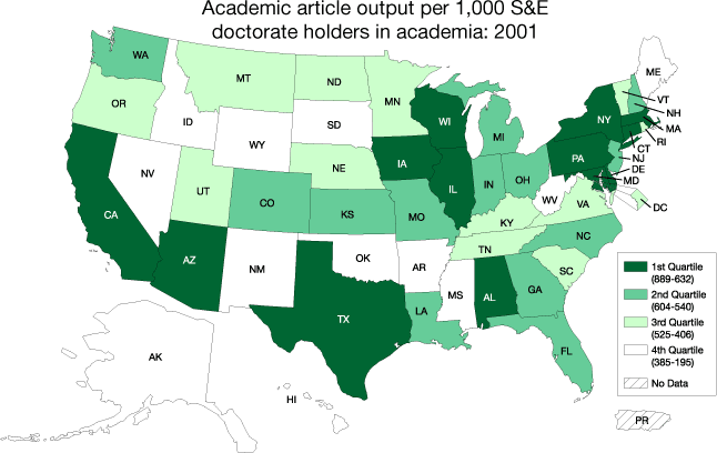 Academic article output per 1,000 S&E doctorate holders in academia: 2001