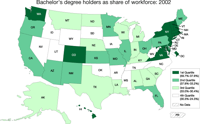 Bachelor's degree-holders as share of workforce: 2000
