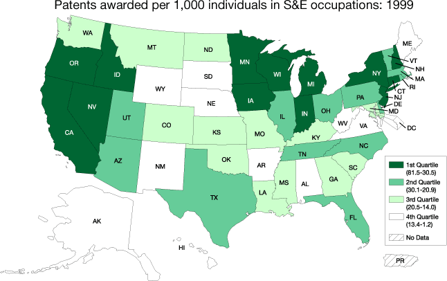Patents awarded per 1,000 individuals in S&E occupations: 1999