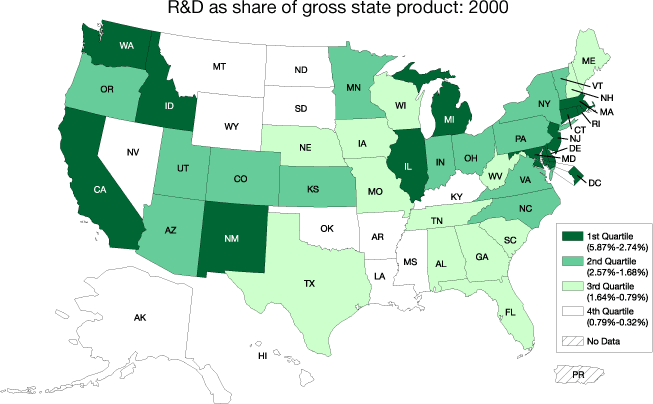 R&D as share of gross state product: 2000