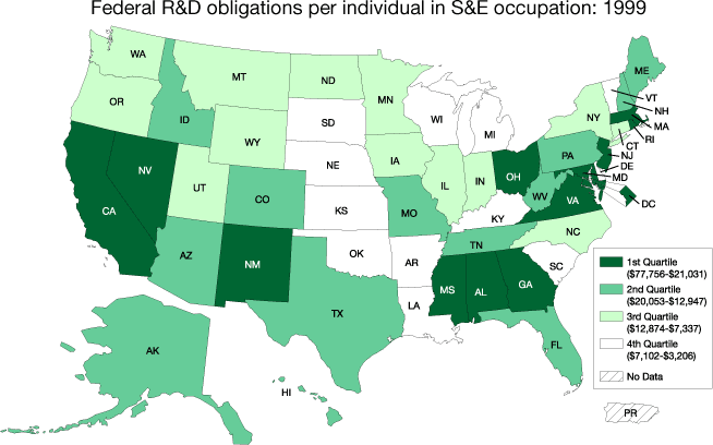 Federal R&D obligations per individual in S&E occupation: 1999