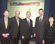 This is a picture of the American University Provost Corneluis Kerwin, Administrator, Office of Information and Regulatory Affairs, OMB John Graham, Archivist John Carlin, Administrator, Office of E-Gov and IT, OMB, Mark Forman, and Deputy Assistant Secretary Linda Fisher at the launch of Regulations.gov. January 23, 2003.