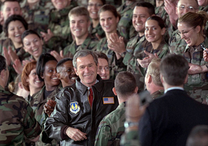 President George W. Bush is greeted with a thunderous cheer as he talks with troops during his visit to Eglin Air Force Base in Florida February 4. White House photo by Paul Morse.