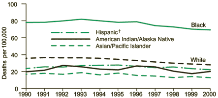 La grfica muestra las tasas de mortalidad por cncer de prstata segn raza y grupo tnico en los Estados Unidos, entre 1990 y 2000. Las tasas fueron ajustadas segn la edad a la poblacin de los Estados Unidos en el 2000.