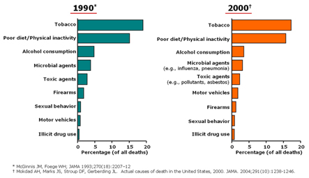 Charts from 1990 and 2000 that show poor diet and physical inactivity catching up to tobacco as Actual Cause of Death