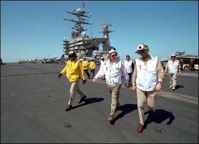 Talking with pilots on mission in Afghanistan, Vice President Dick Cheney tours the USS Stennis Aircraft Carrier March 15.