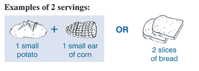 Examples of 2 servings: 1 small potato plus 1 small ear of corn or 2 slices of bread.