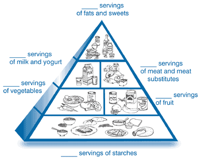 The Food Pyramid, with a space to fill in the number of servings next to the name of each food group.