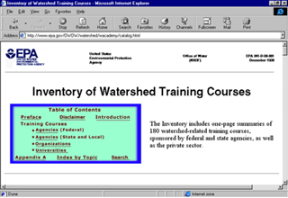 Screenshot of Inventory of Watershed Training courses Web site