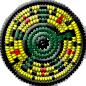 Green, yellow, red and black American Indian beaded rossette by Sonny Del Castillo