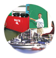 Waste oil storage containers, boats in marina, and instructor in classroom