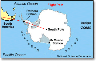Antarctica map with flight path